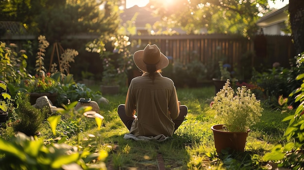 Photo a woman wearing a hat is sitting in a garden she is wearing a casual shirt and pants