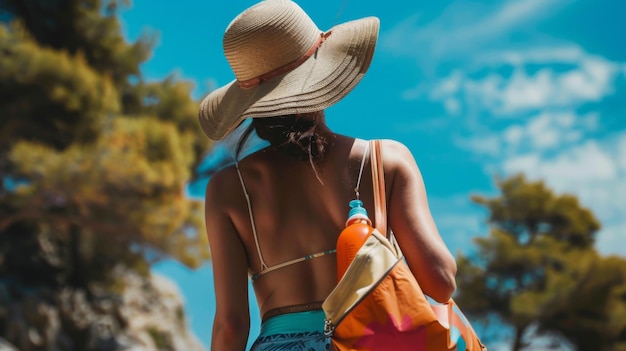 A woman wearing a hat is walking on the beach while carrying a bag under the sunny sky