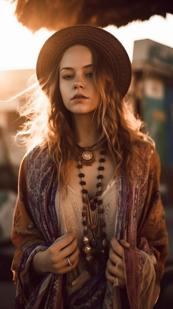 Photo a woman wearing a hat and a necklace stands in front of a building.