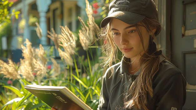 a woman wearing a hat reading a book with the word quot lg quot on it