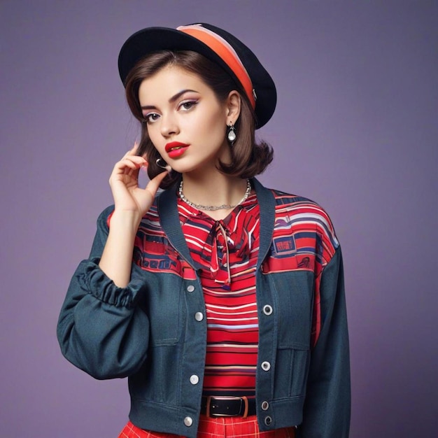 a woman wearing a hat and a red lipstick stands in front of a purple background