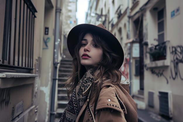 a woman wearing a hat and a scarf is standing in front of a building