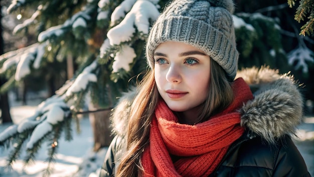 a woman wearing a hat and scarf is standing in front of a snowy forest