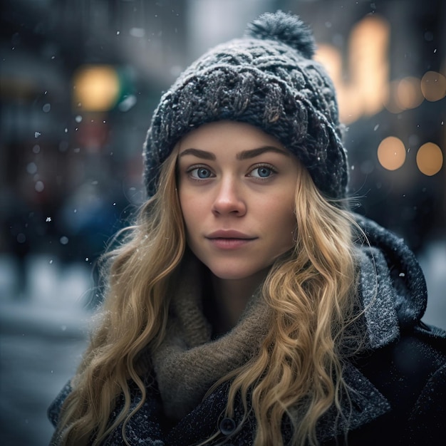 A woman wearing a hat and a scarf stands in the snow.