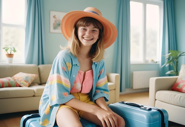 a woman wearing a hat sits on a suitcase