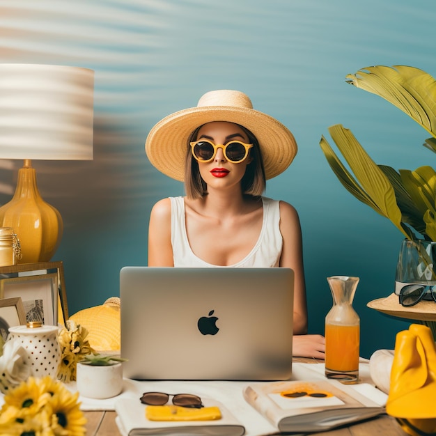 a woman wearing a hat sits at a table with a laptop and sunglasses