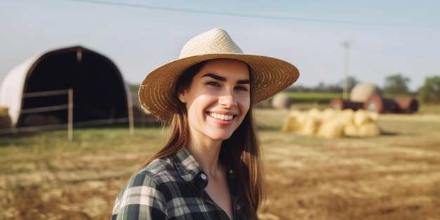 A woman wearing a hat smiles at the camera in a farm field.