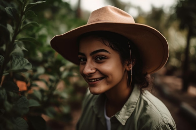 A woman wearing a hat smiles in a field