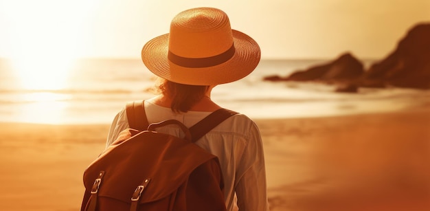 A woman wearing a hat stands on a beach looking at the ocean.