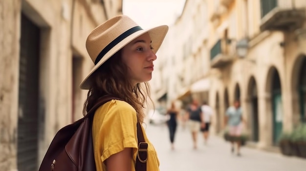 A woman wearing a hat stands in the street in front of a building.