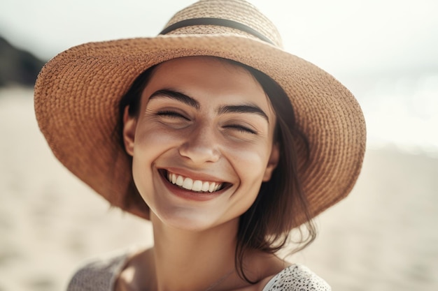 A woman wearing a hat and a straw hat smiles at the camera.