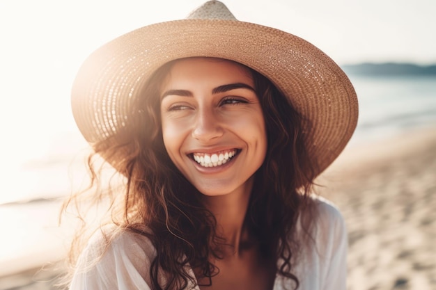 A woman wearing a hat and a straw hat smiles at the camera.