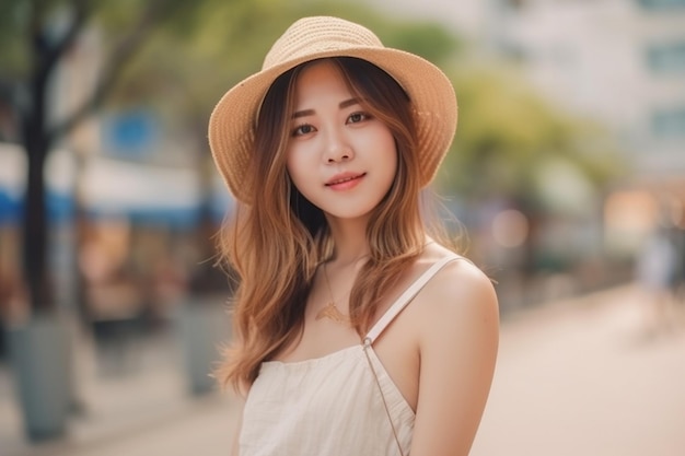 A woman wearing a hat and a straw hat stands on a street.