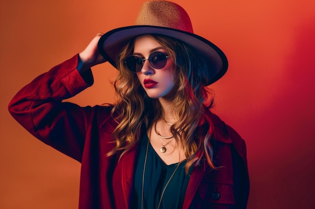 a woman wearing a hat and sunglasses is posing for a photo