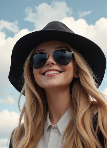 a woman wearing a hat and sunglasses is posing for a photo