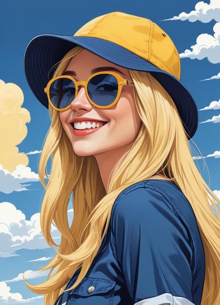 Photo a woman wearing a hat and sunglasses is smiling and smiling