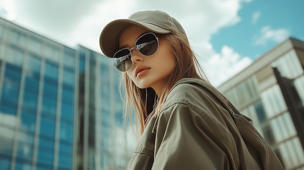 Photo a woman wearing a hat and sunglasses is standing outside