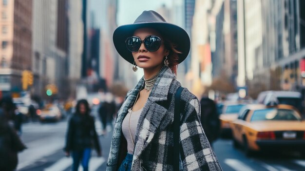 a woman wearing a hat and sunglasses is walking down a street