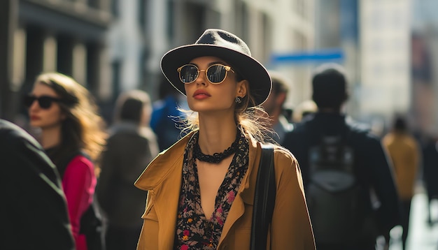 a woman wearing a hat and sunglasses is walking down a street