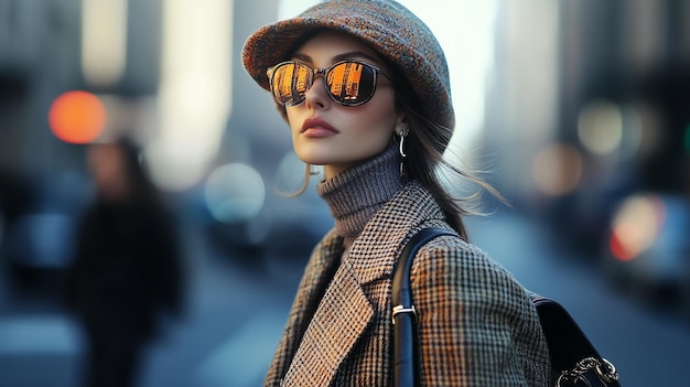 a woman wearing a hat and sunglasses is wearing a hat and a scarf