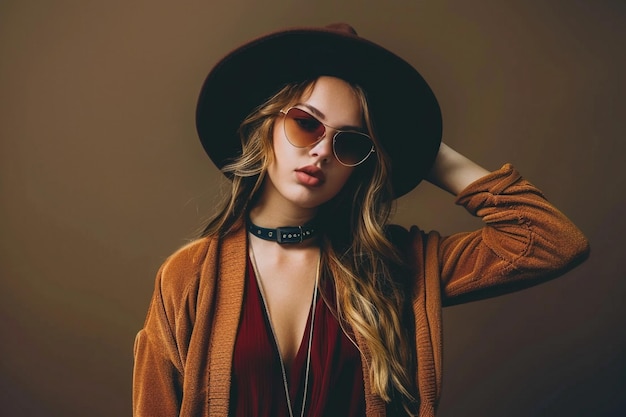 a woman wearing a hat and sunglasses is wearing a hat