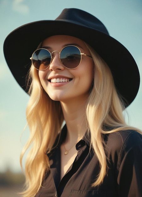 a woman wearing a hat and sunglasses is wearing a hat