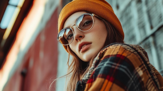 a woman wearing a hat and sunglasses is wearing a plaid shirt and a pair of sunglasses