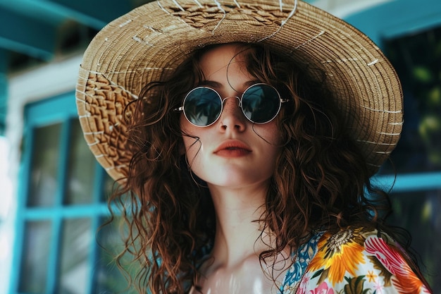 A woman wearing a hat and sunglasses poses for a photo Ai Generate Photo