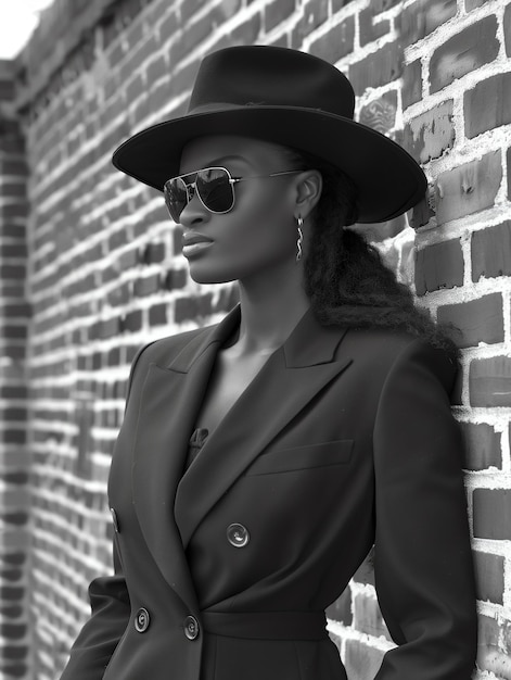 Photo a woman wearing a hat and sunglasses stands against a brick wall