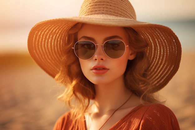 A woman wearing a hat and sunglasses stands on a beach.