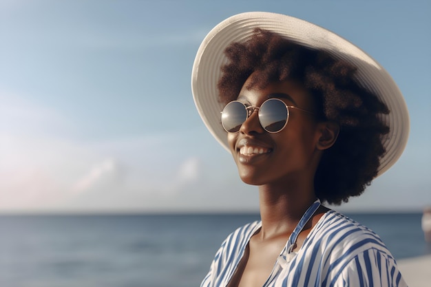 A woman wearing a hat and sunglasses stands on a beach.