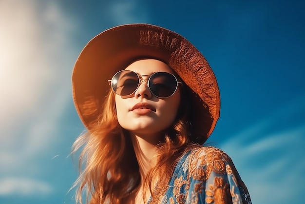 A woman wearing a hat and sunglasses stands in front of a blue sky.