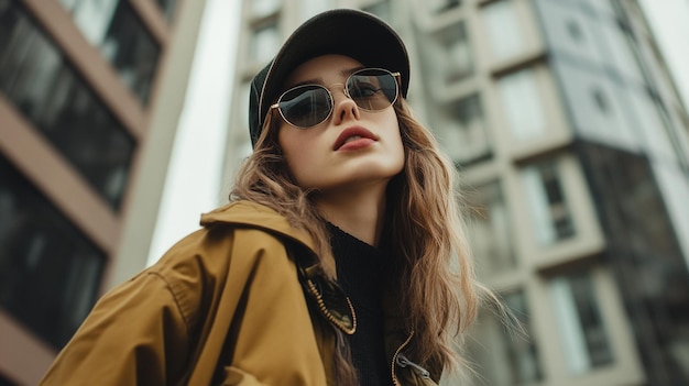 Photo a woman wearing a hat and sunglasses stands in front of a building