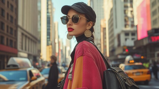 Photo a woman wearing a hat and sunglasses stands on a street