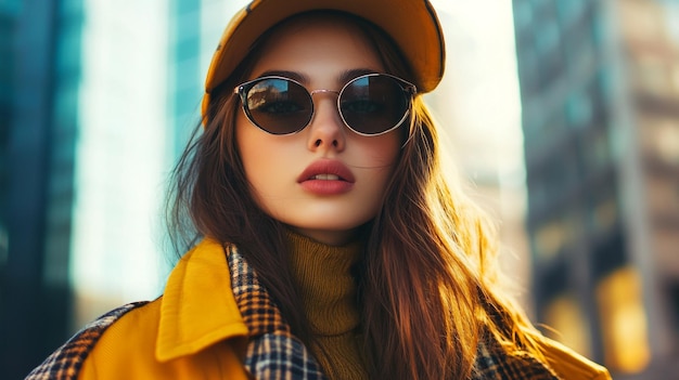 a woman wearing a hat and sunglasses with a hat that says fashion