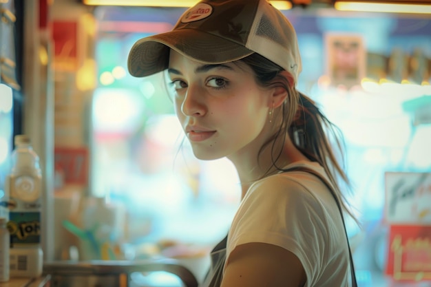 a woman wearing a hat that says  shes wearing a hat