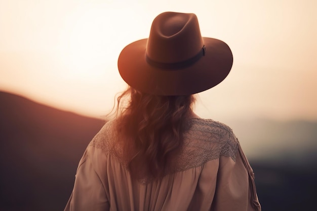 A woman wearing a hat walks down the street in a city.