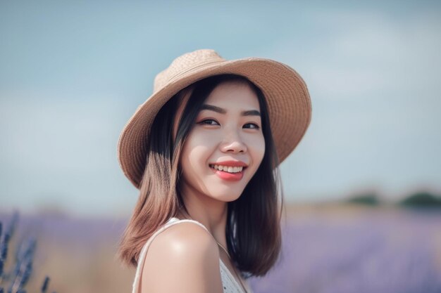 A woman wearing a hat and a white dress stands in a lavender field.