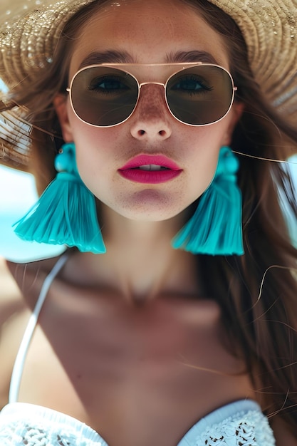 a woman wearing a hat with a blue band around her neck and a pink lip