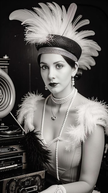 Photo a woman wearing a hat with feathers and a feather on it