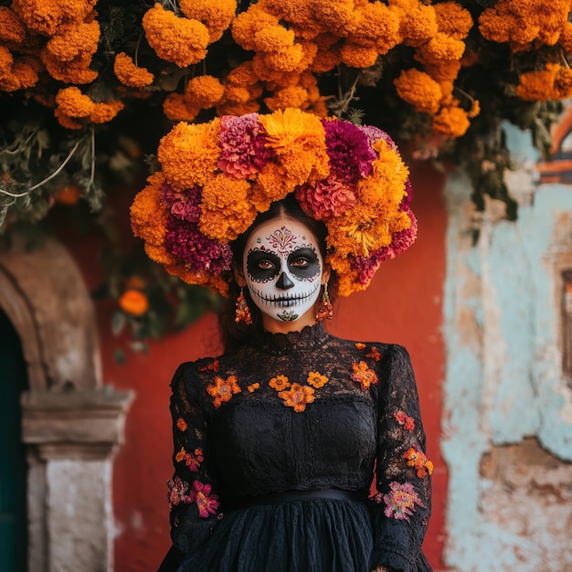 Photo a woman wearing a hat with flowers on it stands in front of a building