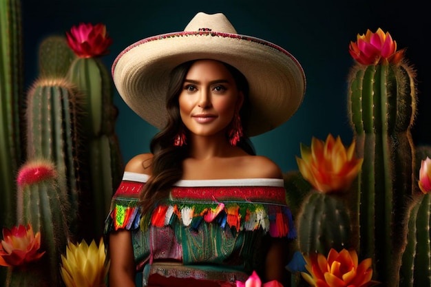 Photo a woman wearing a hat with flowers and a large cactus