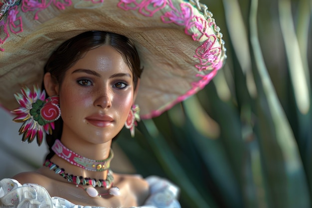 Photo a woman wearing a hat with a pink and green beads