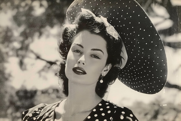 A woman wearing a hat with polka dots on it