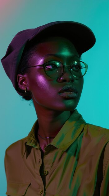 Photo a woman wearing a hat with a purple band around her neck