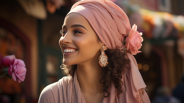 A woman wearing a head scarf and earrings