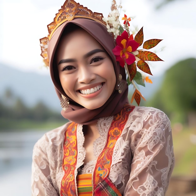 Photo a woman wearing a head scarf that says quot she is smiling quot