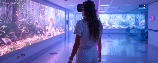 Photo a woman wearing a headband is looking at a display of a video game