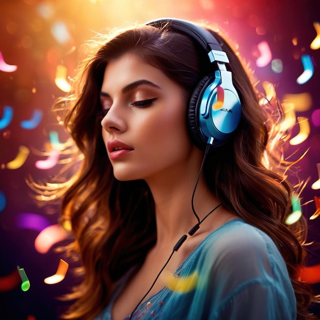 woman wearing headphones colorful musical notes floating