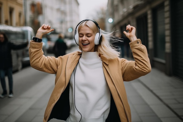 Photo a woman wearing headphones dances on a street.